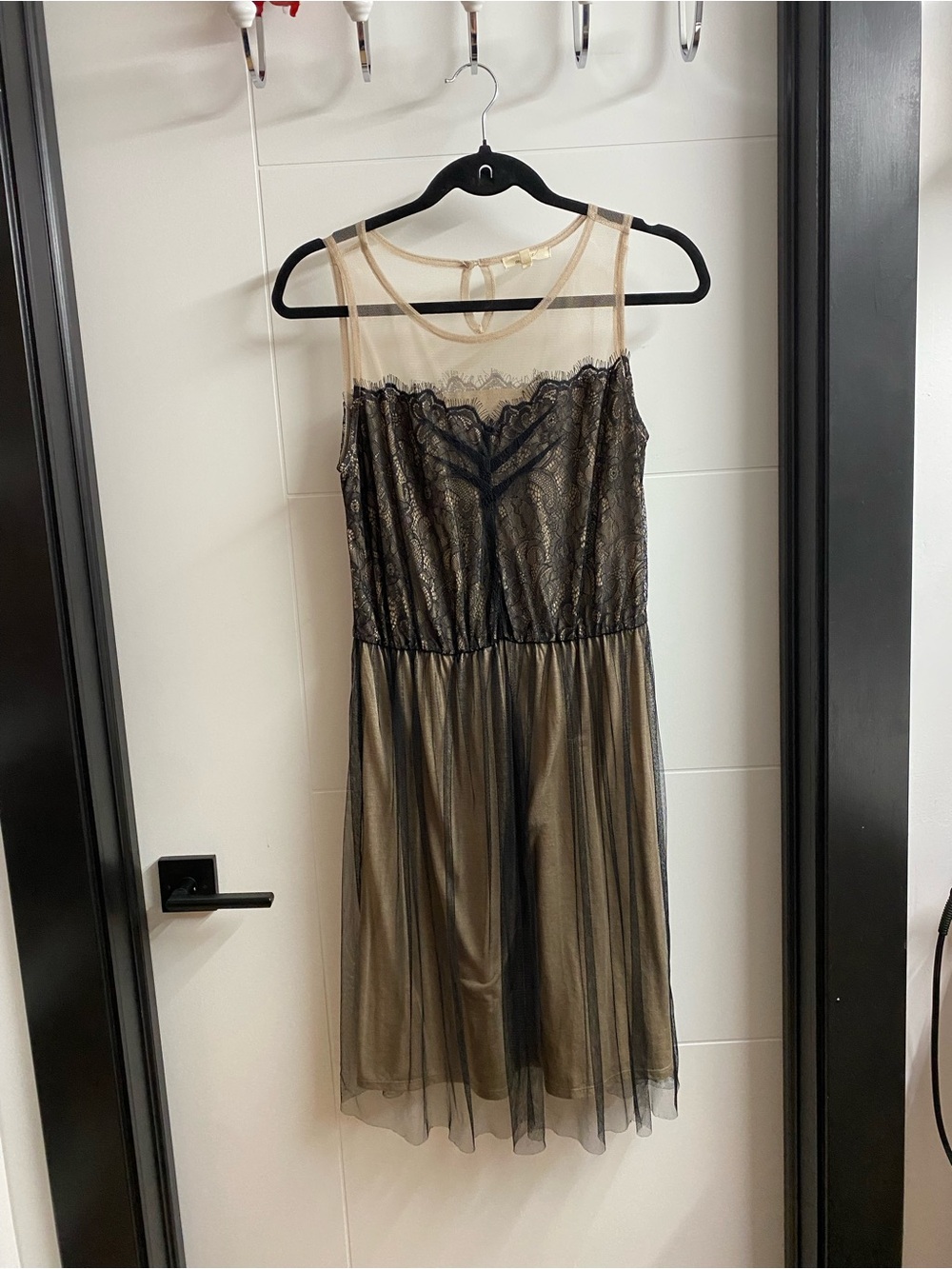 Mystree Black Lace Overlay Midi Dress with Nude Yoke